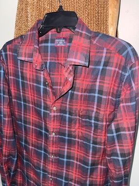 UnTuckit Mens Large Red Blue Plaid Button Down Collard Shirt- 100% Cotton